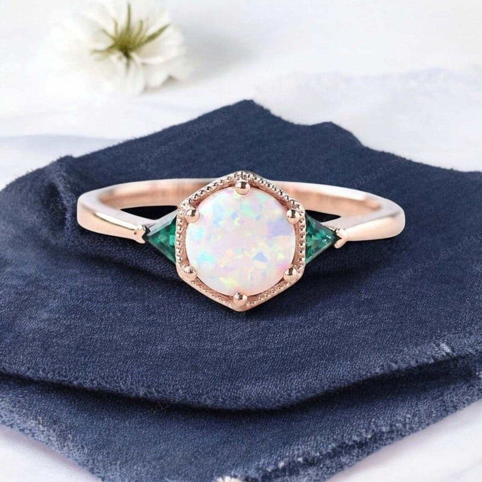 Dbeststudios Mm Fire Opal Emerald Engagement Ring Women Rose Gold