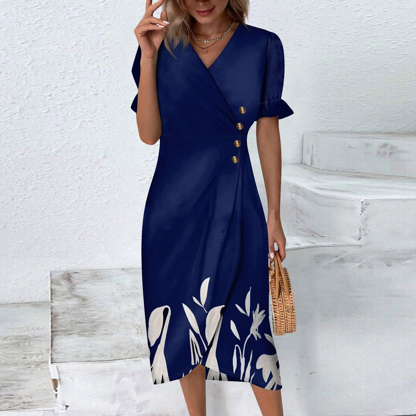 Dengdeng Spring Dresses Women Summer Ethnic Floral Wrap V Neck Beach