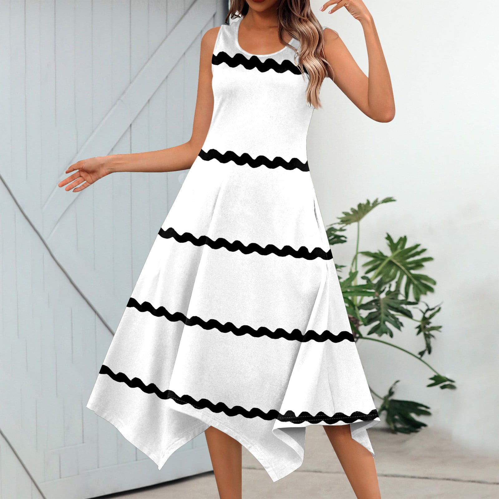 DENGDENG Women Summer Dresses 2024 Sleeveless Striped Sundress Vintage