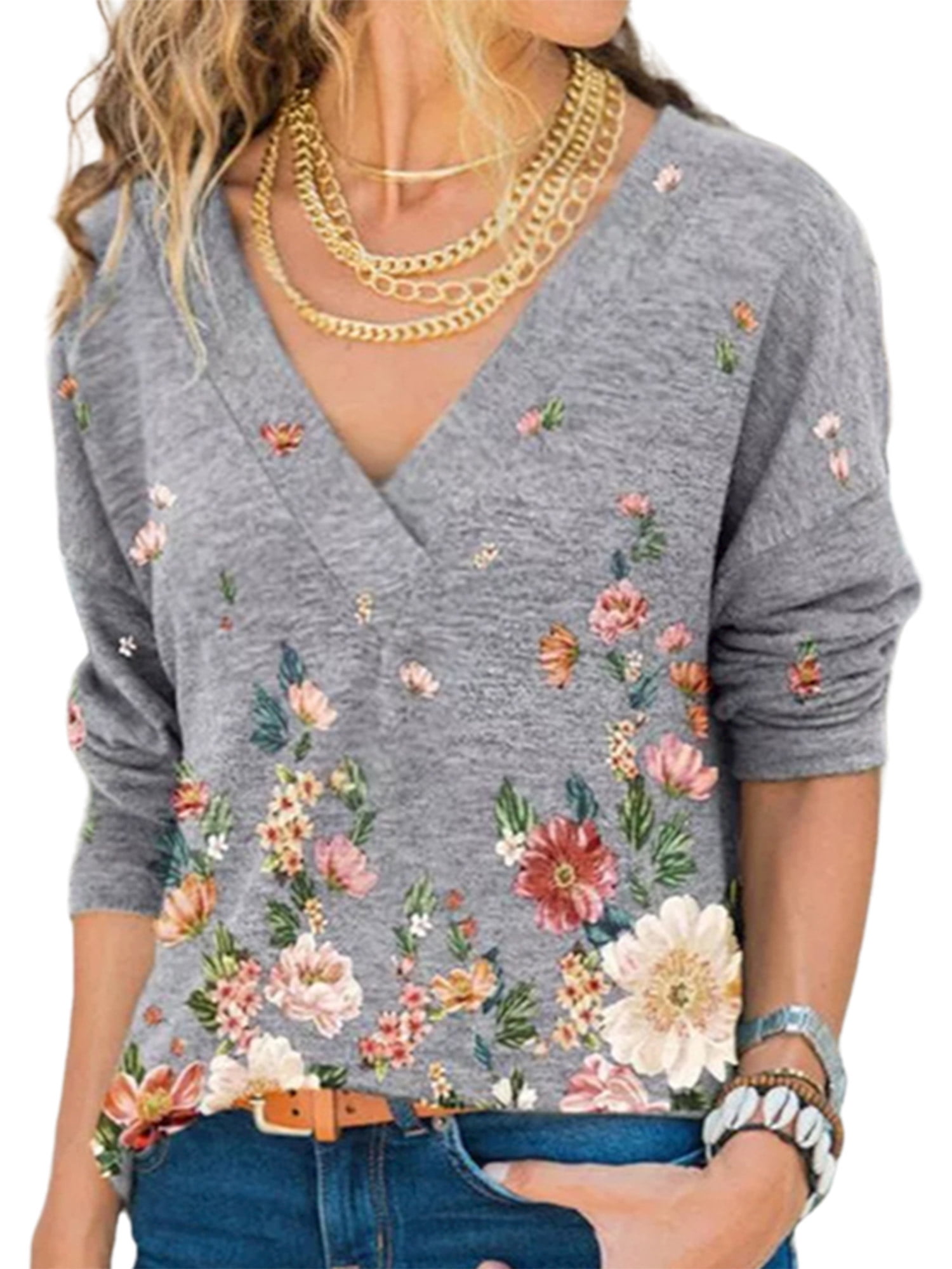 Dymade Women Plus Size Casual V Neck Pullover Floral Printed Long