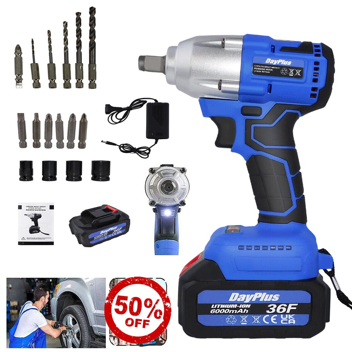 Dayplus 21V Cordless Drill Electric Impact Wrench Gun 1 2 Driver