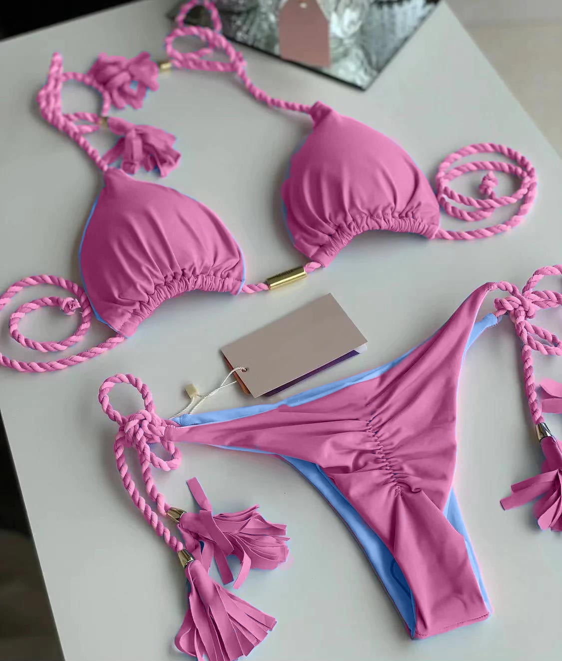 Deng New Women Bikini Backless Rope Triangle Swimsuit Multicolor