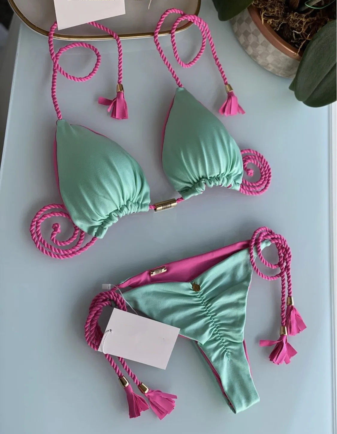Deng New Women Bikini Backless Rope Triangle Swimsuit Multicolor