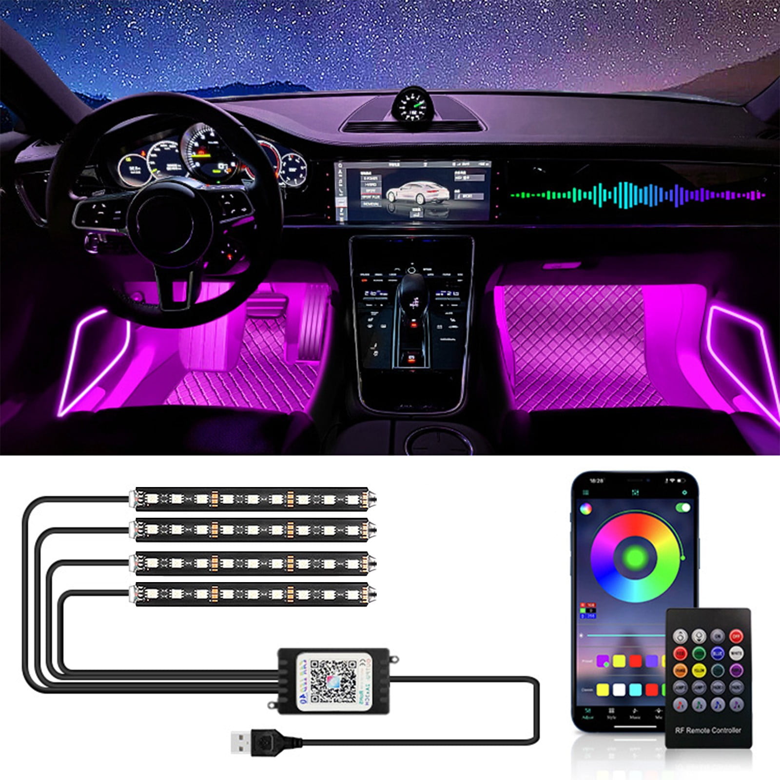 Deskakbk Car Foot Ambient Light One Tow Four Led Light Seven Colors