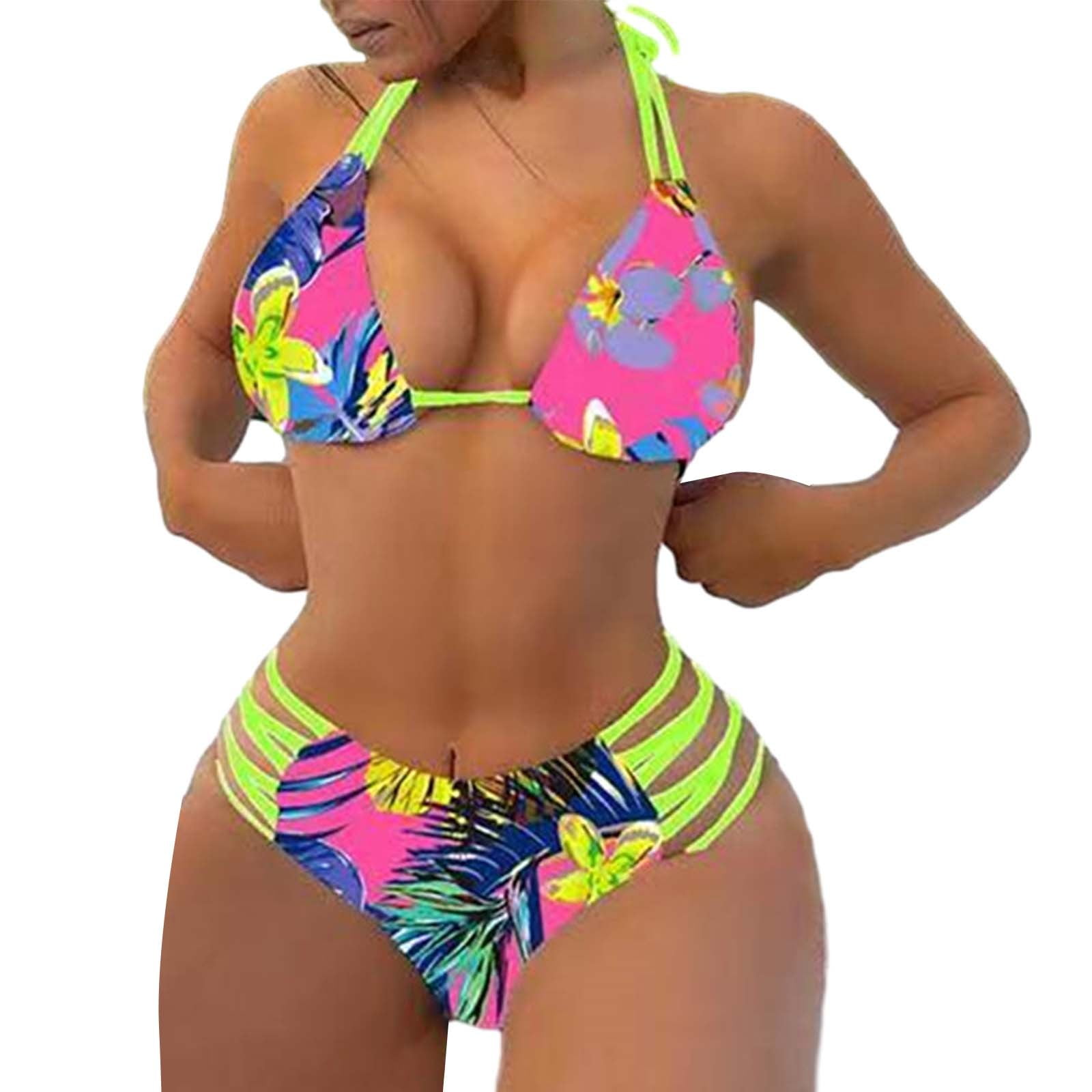 DkinJom Random Tropical Print Bikini Set Halter Triangle Bra Top Cut