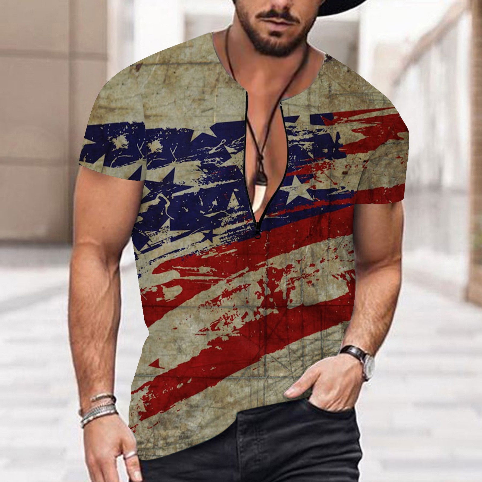 Dyfzdhu Independence Day T Shirts For Men Summer Flag Digital D