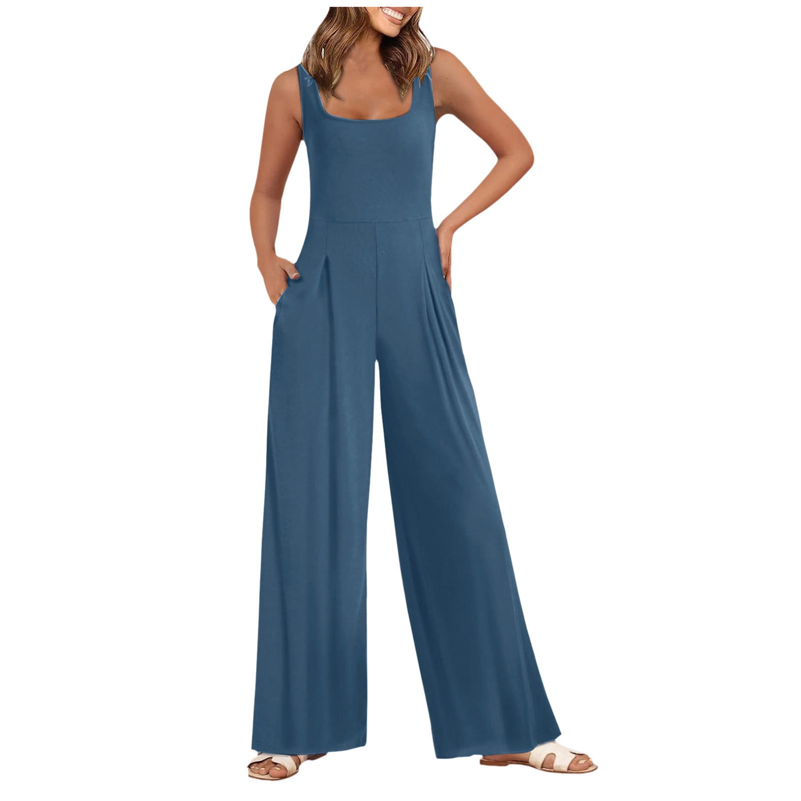 EHQJNJ Long Sleeve Jumpsuit For Women Sexy Square Neck Ribbed Wide Leg