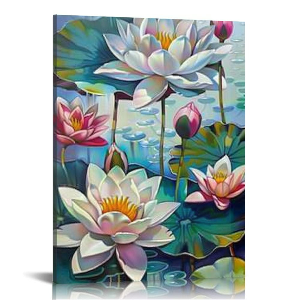 EastSmooth Canvas Wall Art Large White Lotus Lilies In Water Paintings