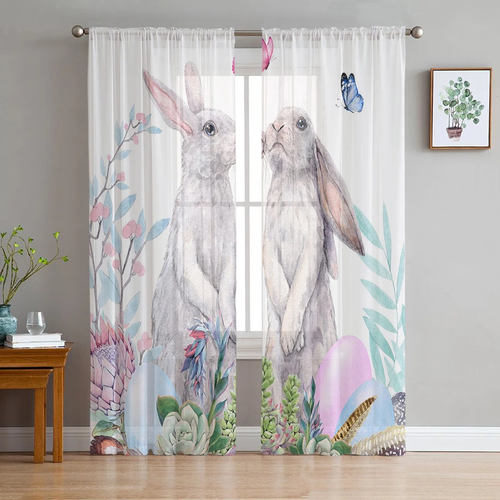 Easter Bunny Flower Butterfly Watercolor Rabbit Tulle Curtains Living