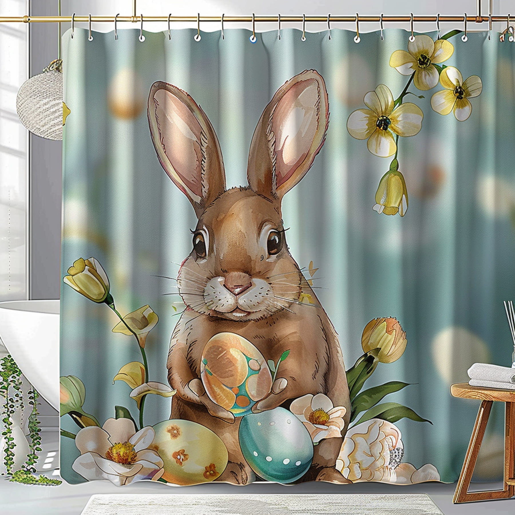 Easter Bunny Shower Curtain With Eggs And Flowers Pastel Background