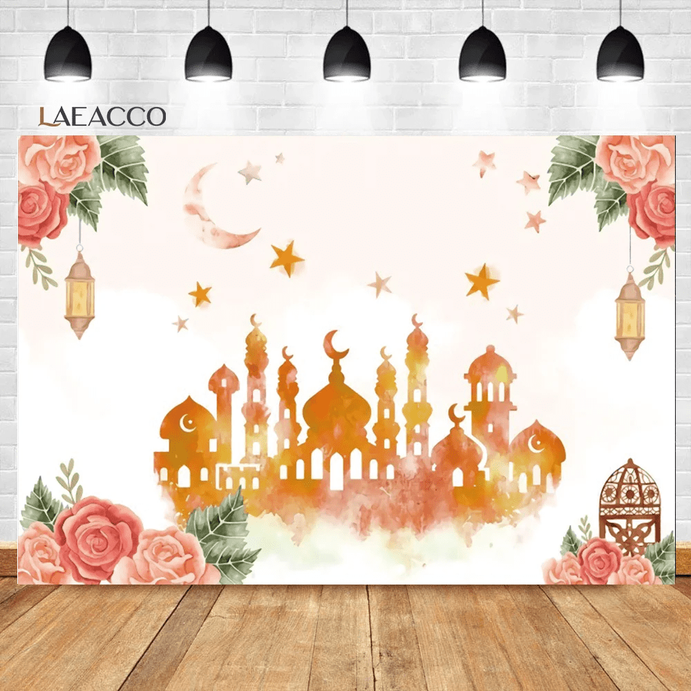 Eid Mubarak Photography Backdrops Watercolor Light Mosque Lantern Moon