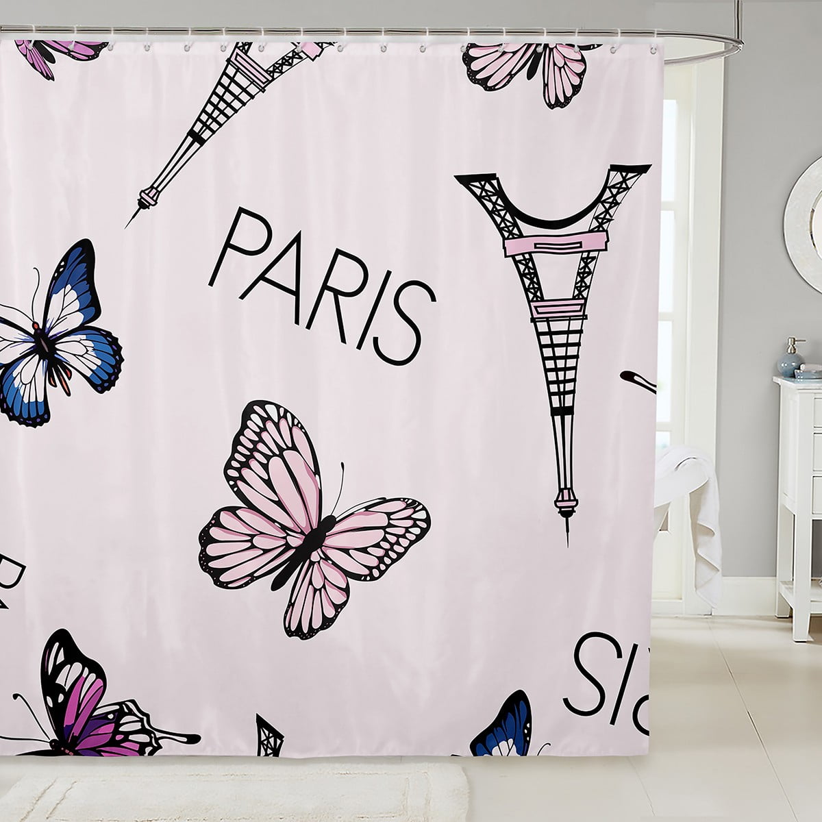 Eiffel Tower Fabric Shower Curtain Cute Butterfly Bathroom Shower