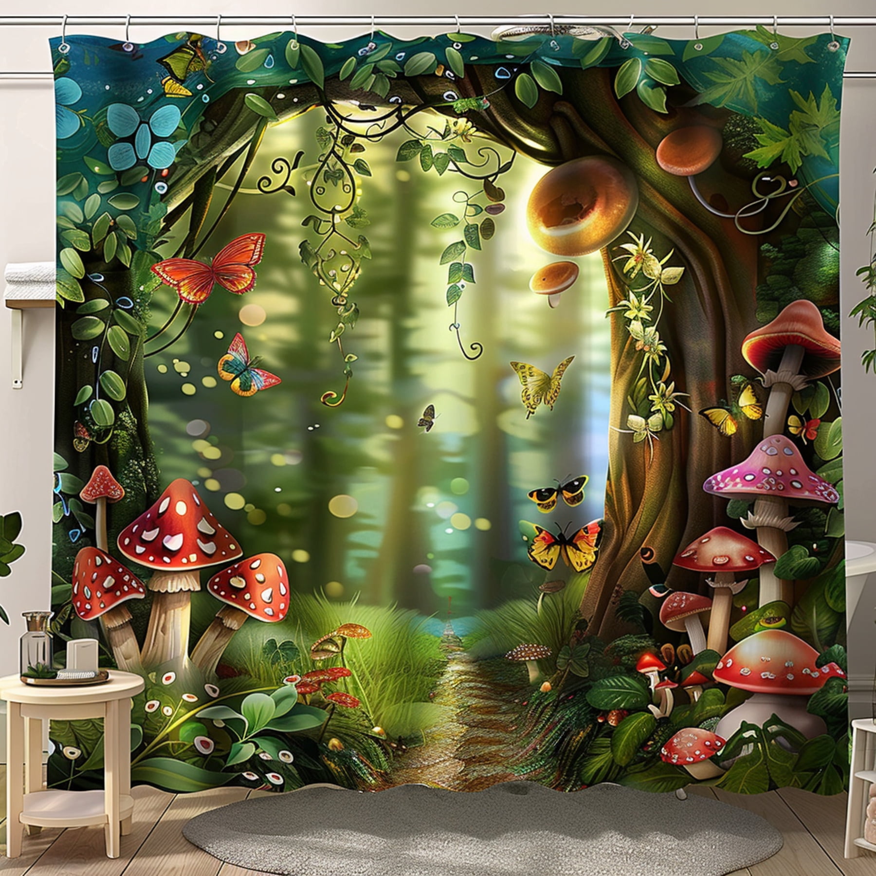 Enchanting Full Moon Forest Waterfall Shower Curtain Fairy Tale Cartoon