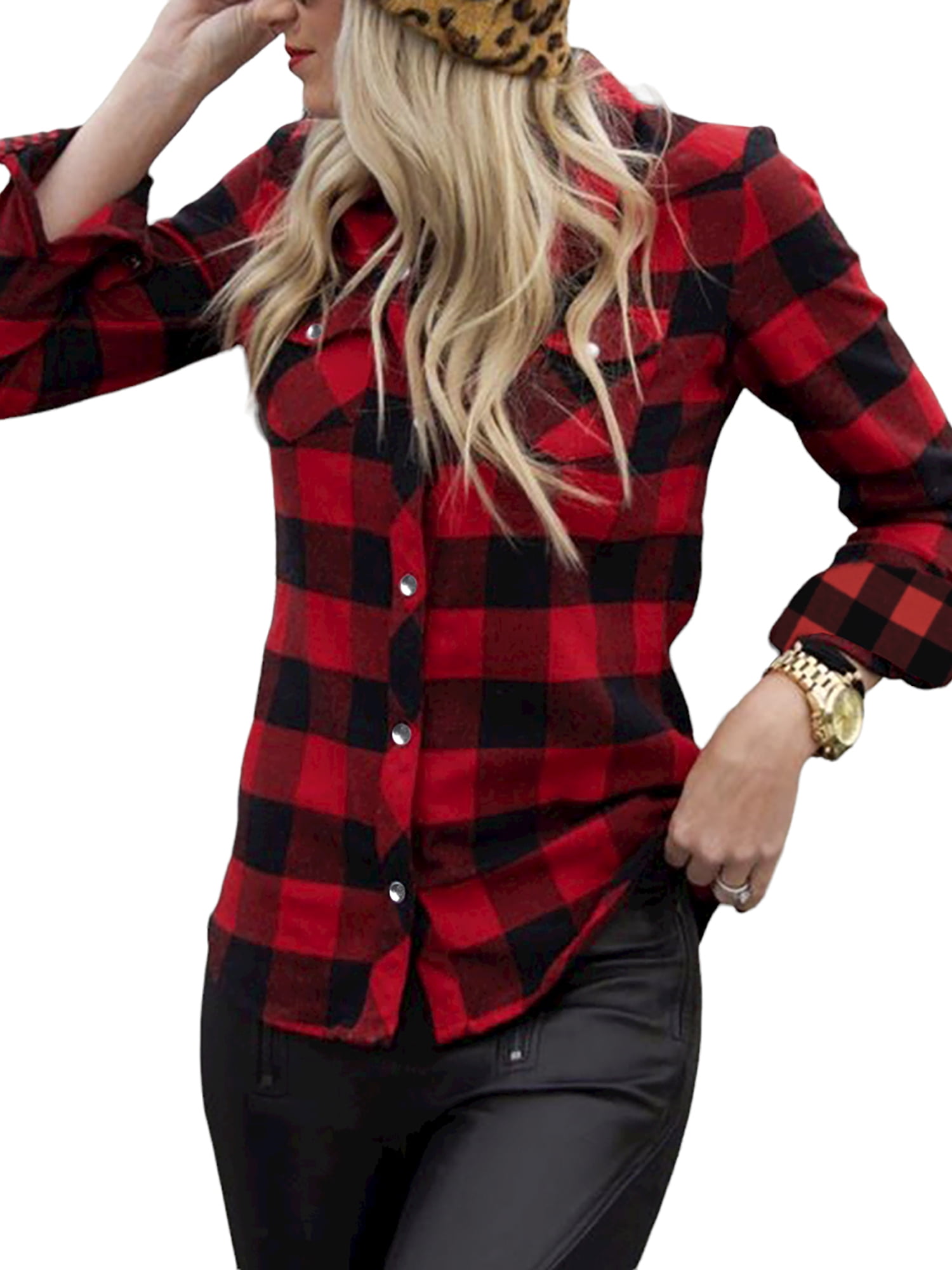 Enwejyy Womens Christmas Red Plaid Turn Down Collar Long Sleeve Casual