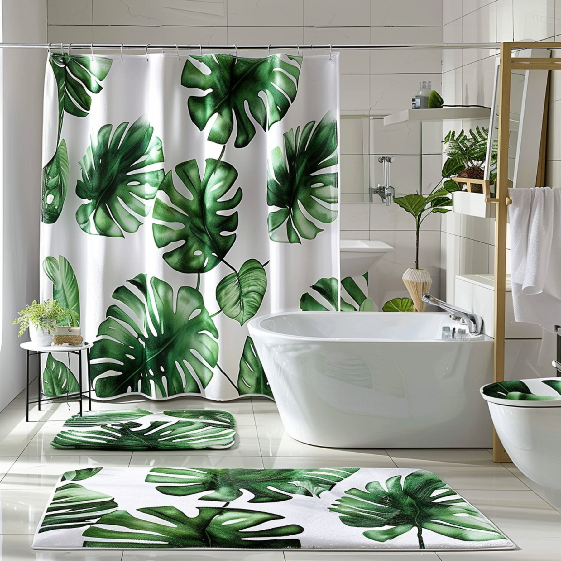 Exotic Tropical Rainforest Monstera Leaf Pattern Shower Curtain Set