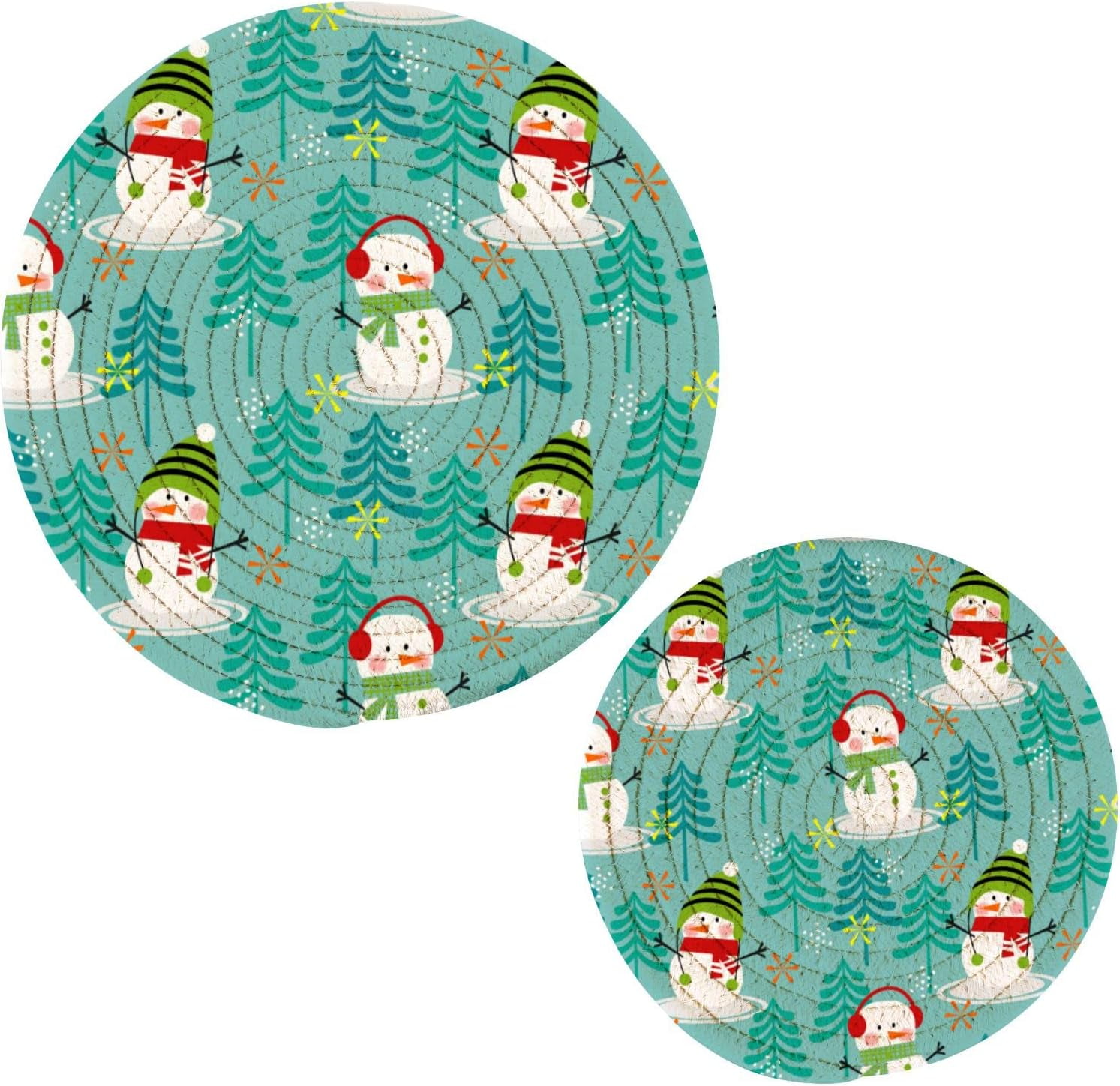 FREEAMG 2 Pcs Cute Snowman Trivet Pot Holder Round Woven Potholders