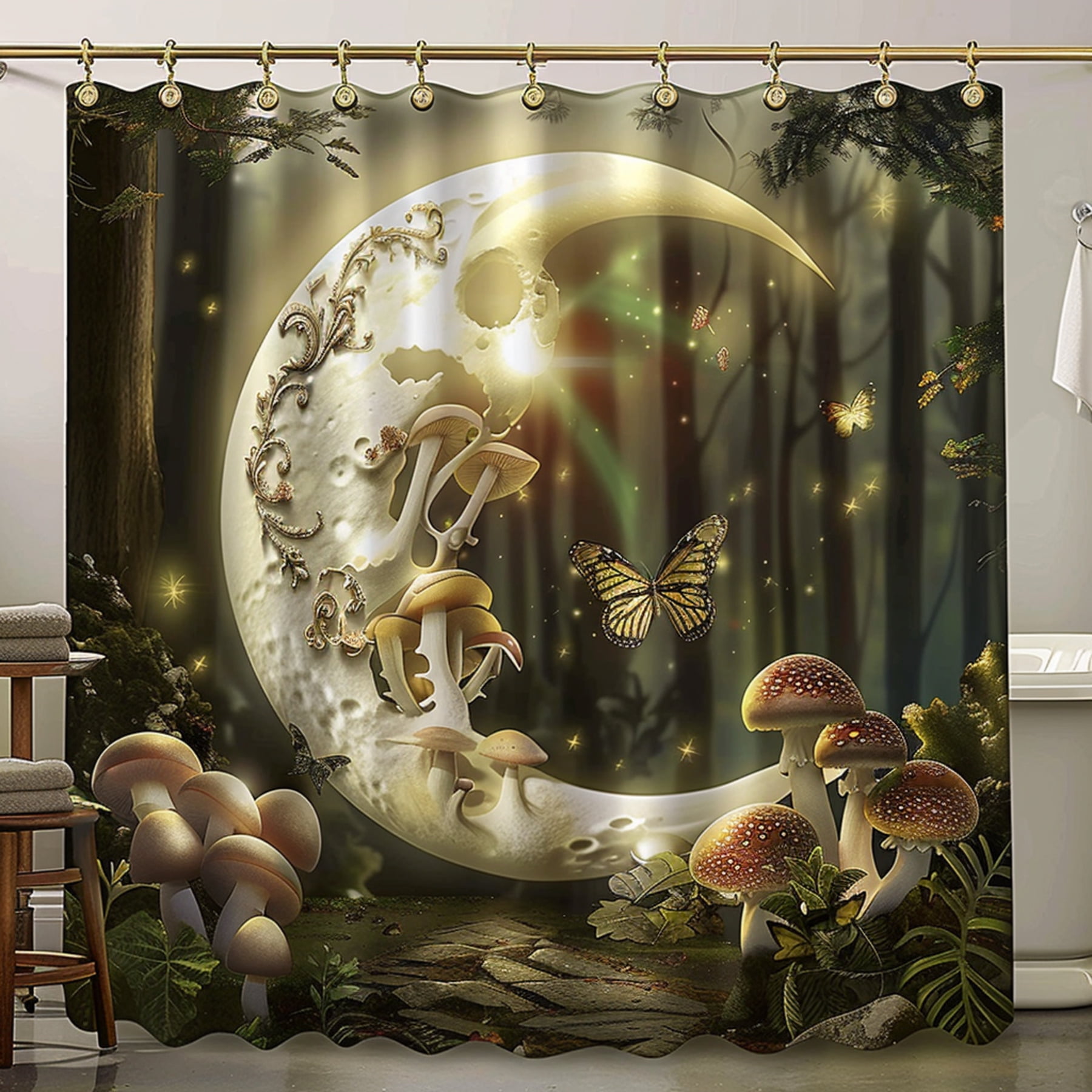 Fantasy Butterfly Moon Forest Shower Curtain White Gold Halfmoon