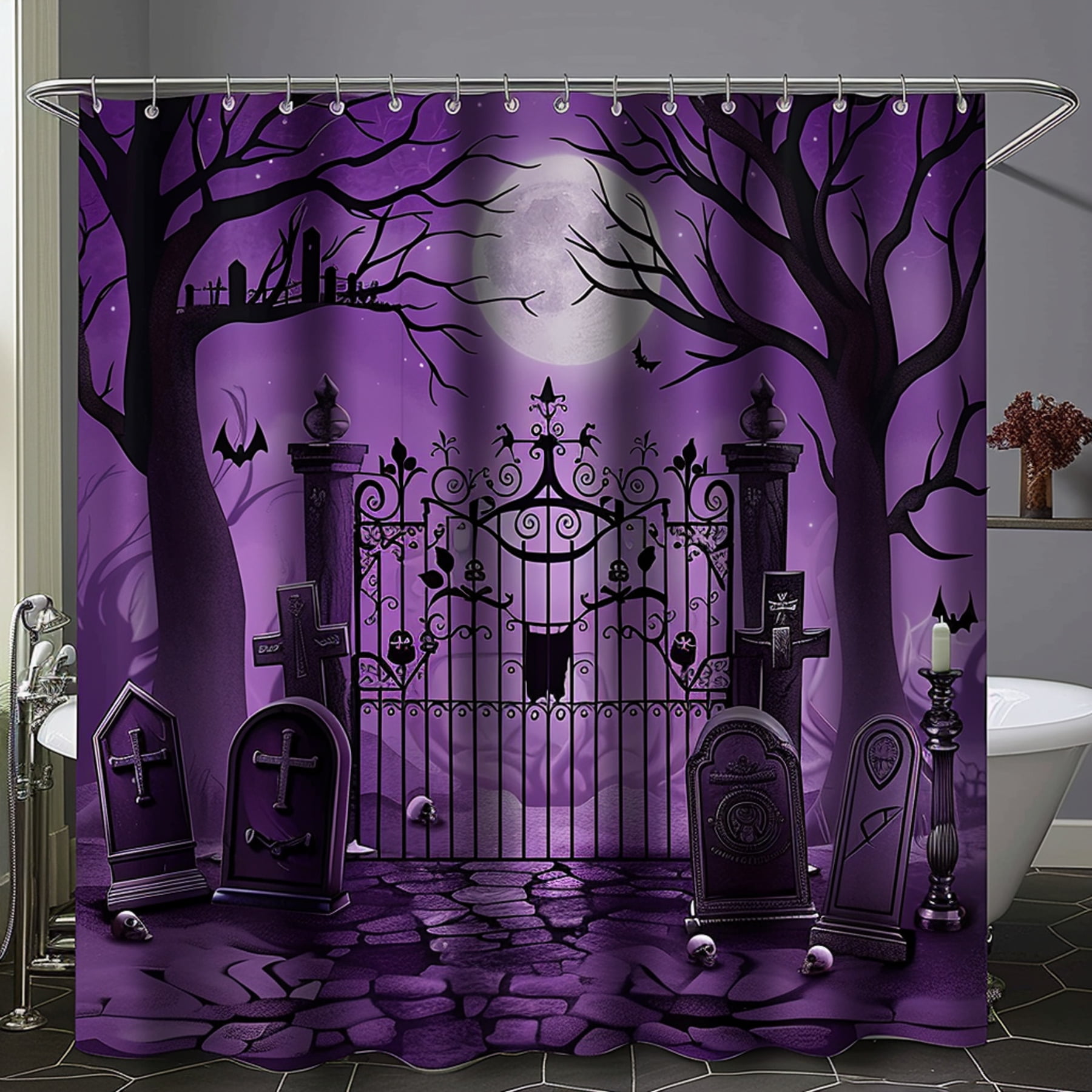 Fantasy Gothic Purple Bathroom Shower Curtain With Spooky Cemetery Gate