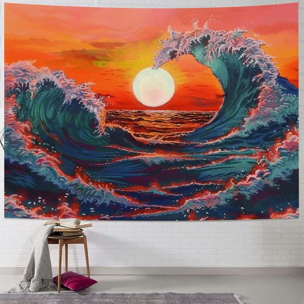 Fenyluxe Ocean Wave Tapestry Wall Hanging Colorful Sea With Sun Sunset