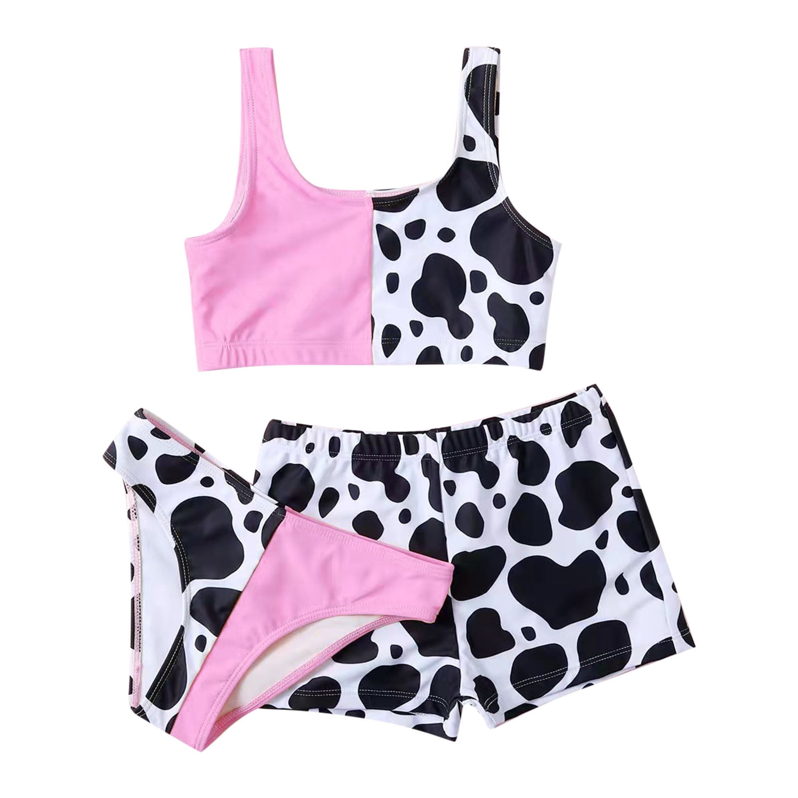 Fesfesfes Girls Swimsuit 3 Piece Bathing Suits Cow Print Bikini Tankini Set Beach Swimwear With