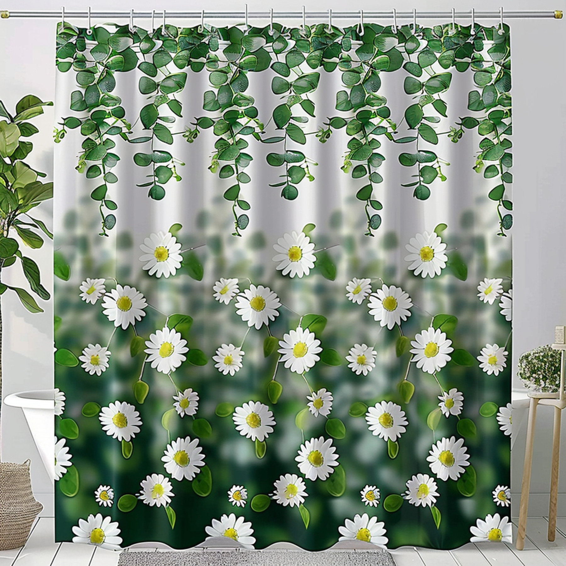 Fresh And Elegant Green And White Daisy Flower Print Shower Curtain