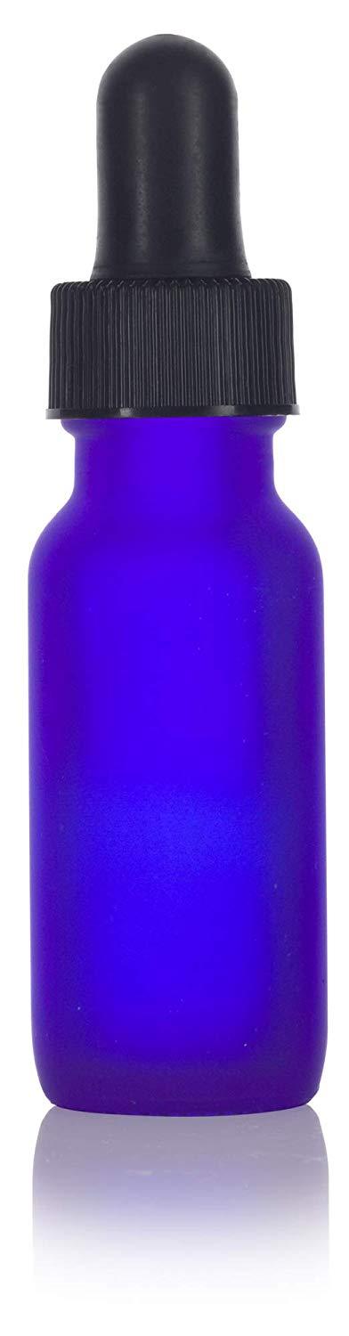 Frosted Cobalt Blue Glass Boston Round Dropper Bottle With Black Top