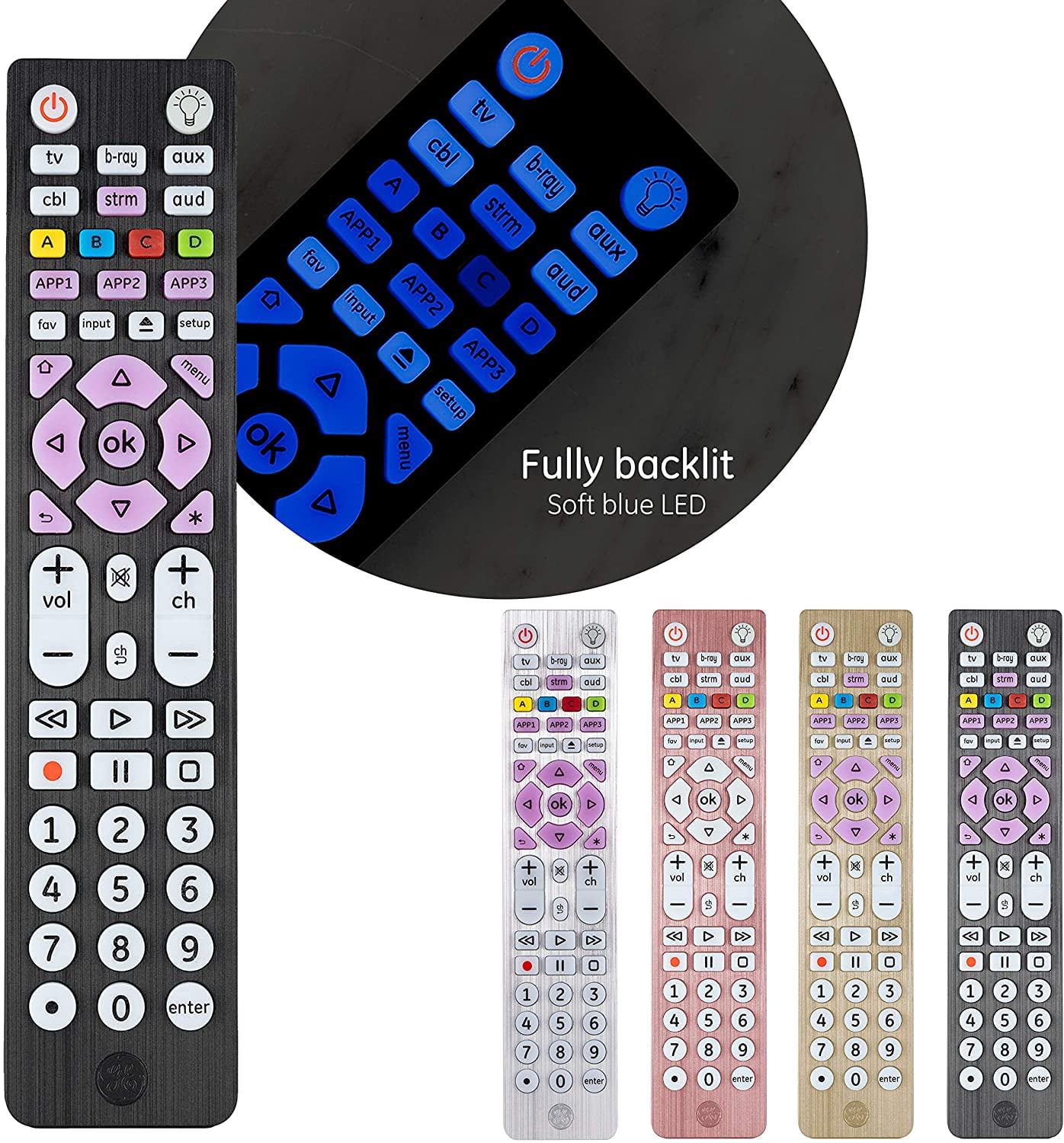 GE 6 Device Backlit Universal TV Remote Control In Brushed Black 47504