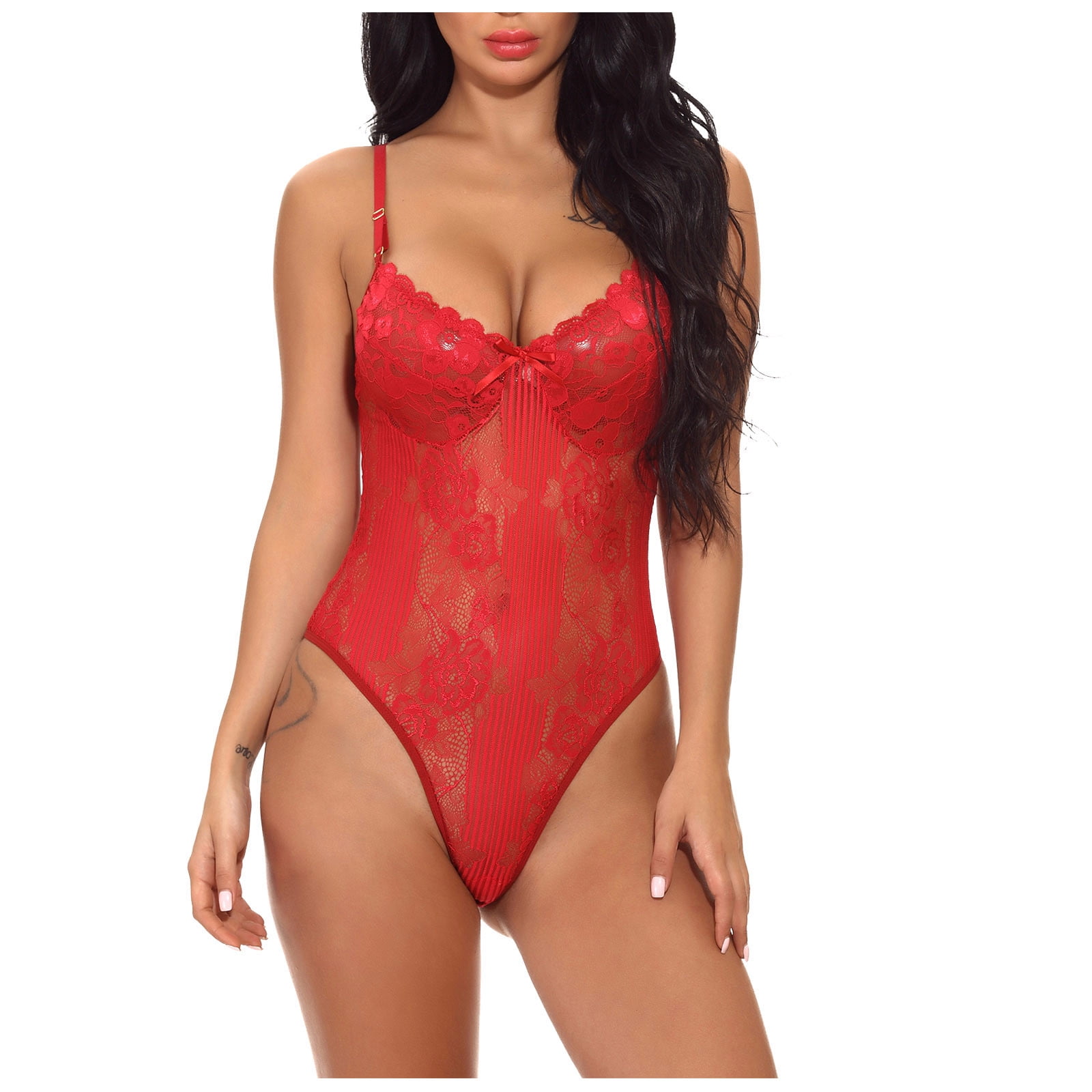 Gersome Women One Piece Lingerie Sexy Lace Bodysuit Deep V Teddy