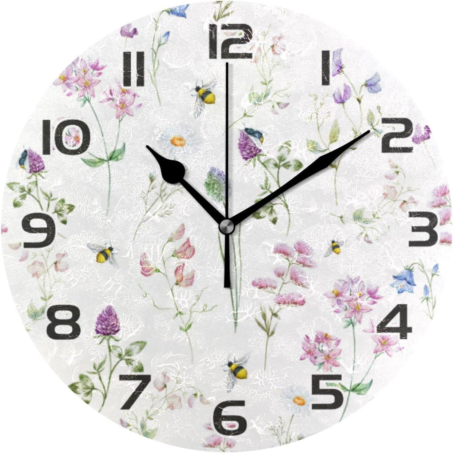 GZHJMY Watercolor Wild Flowers Clock Silent Round PVC Wall Clock Non