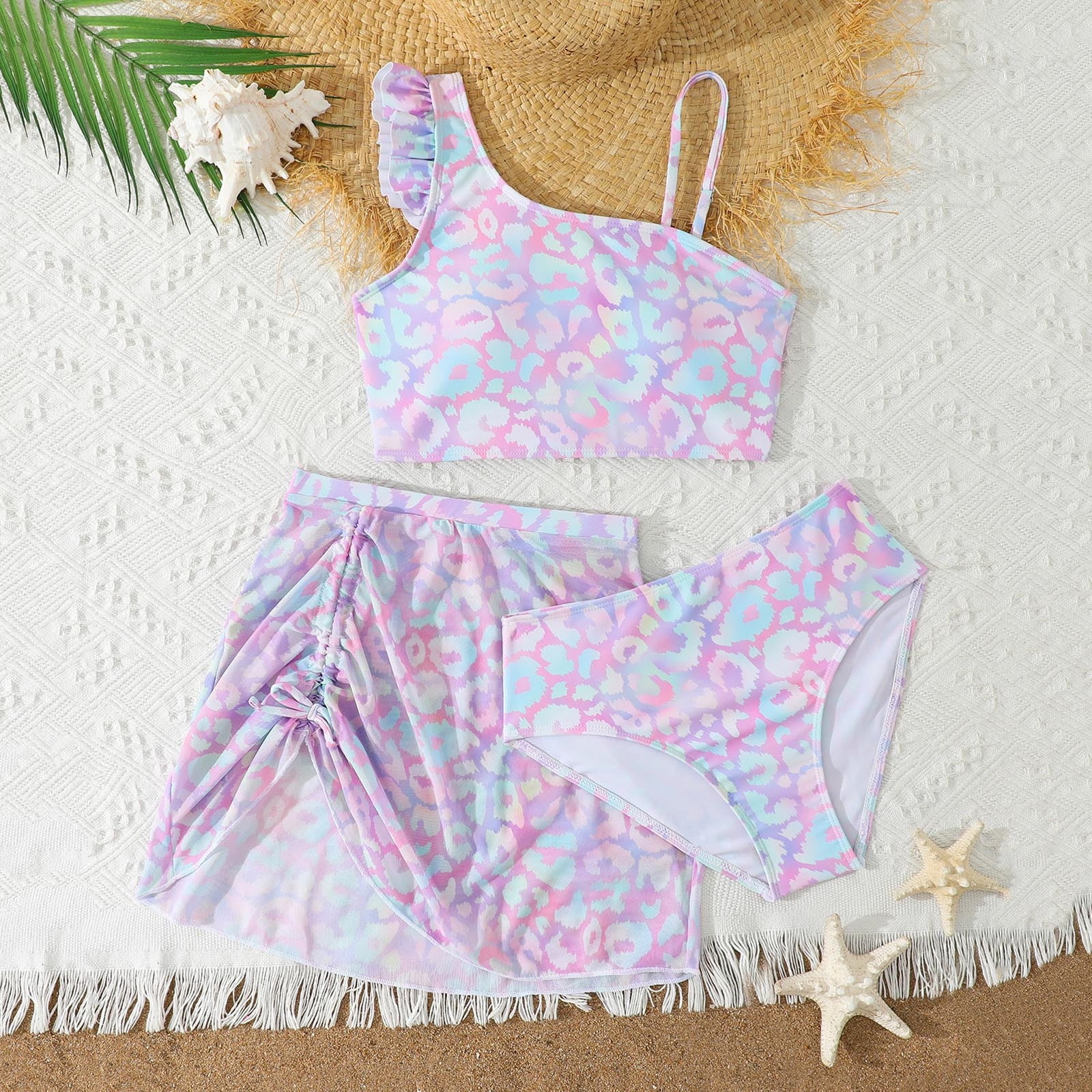 Girl S Three Piece Leopard Print Asymmetrical Neck Ruffle Bikini Set