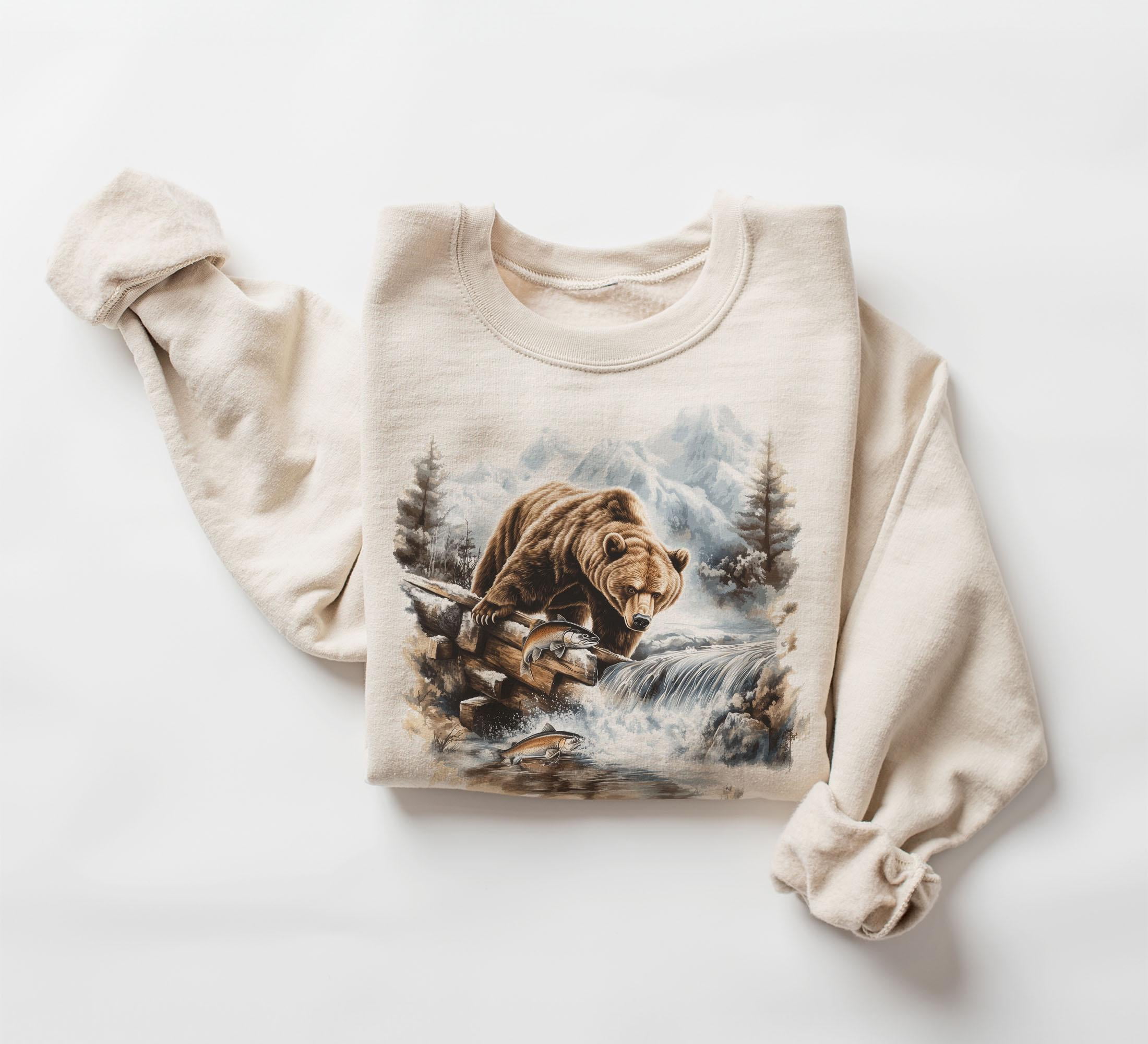 Grizzly Bear Fishing In Creek Retro Sweatshirt S Vintage Brown Bear