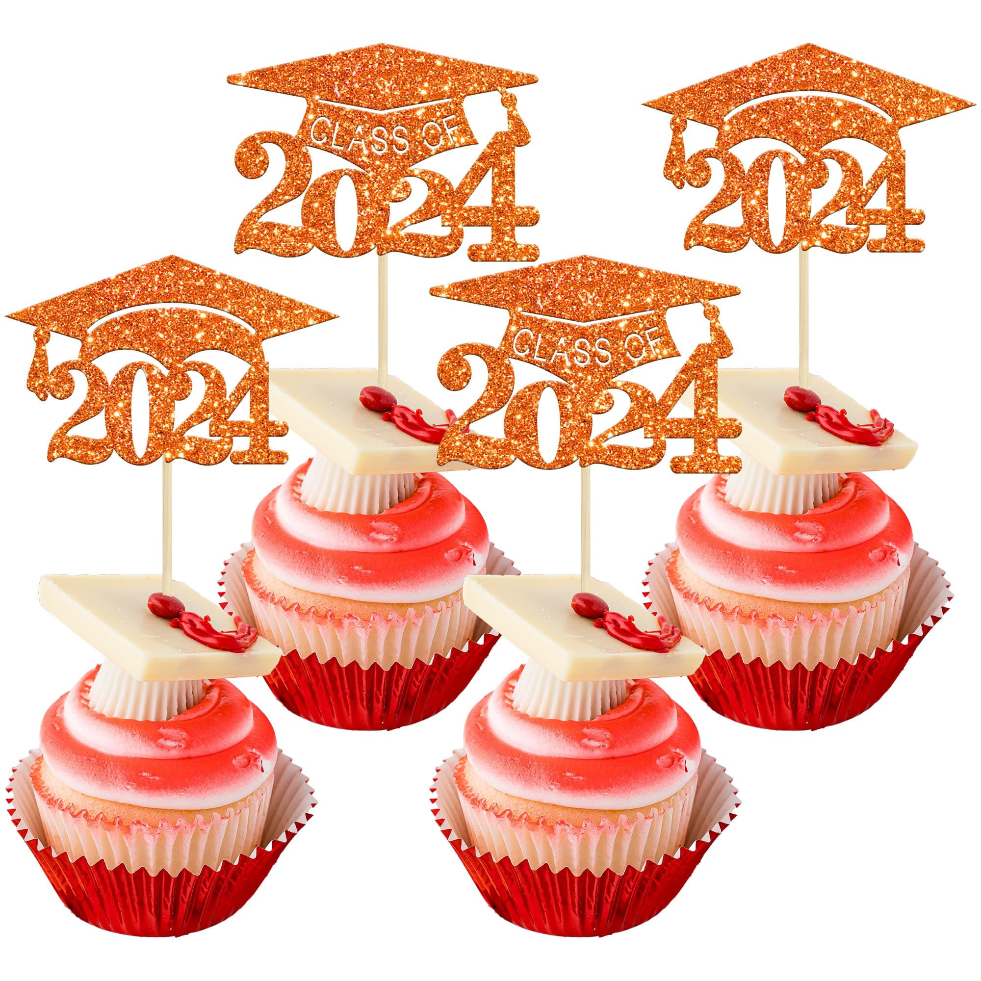 Gyufise 24Pcs 2024 Graduation Cap Cupcake Toppers Orange Glitter