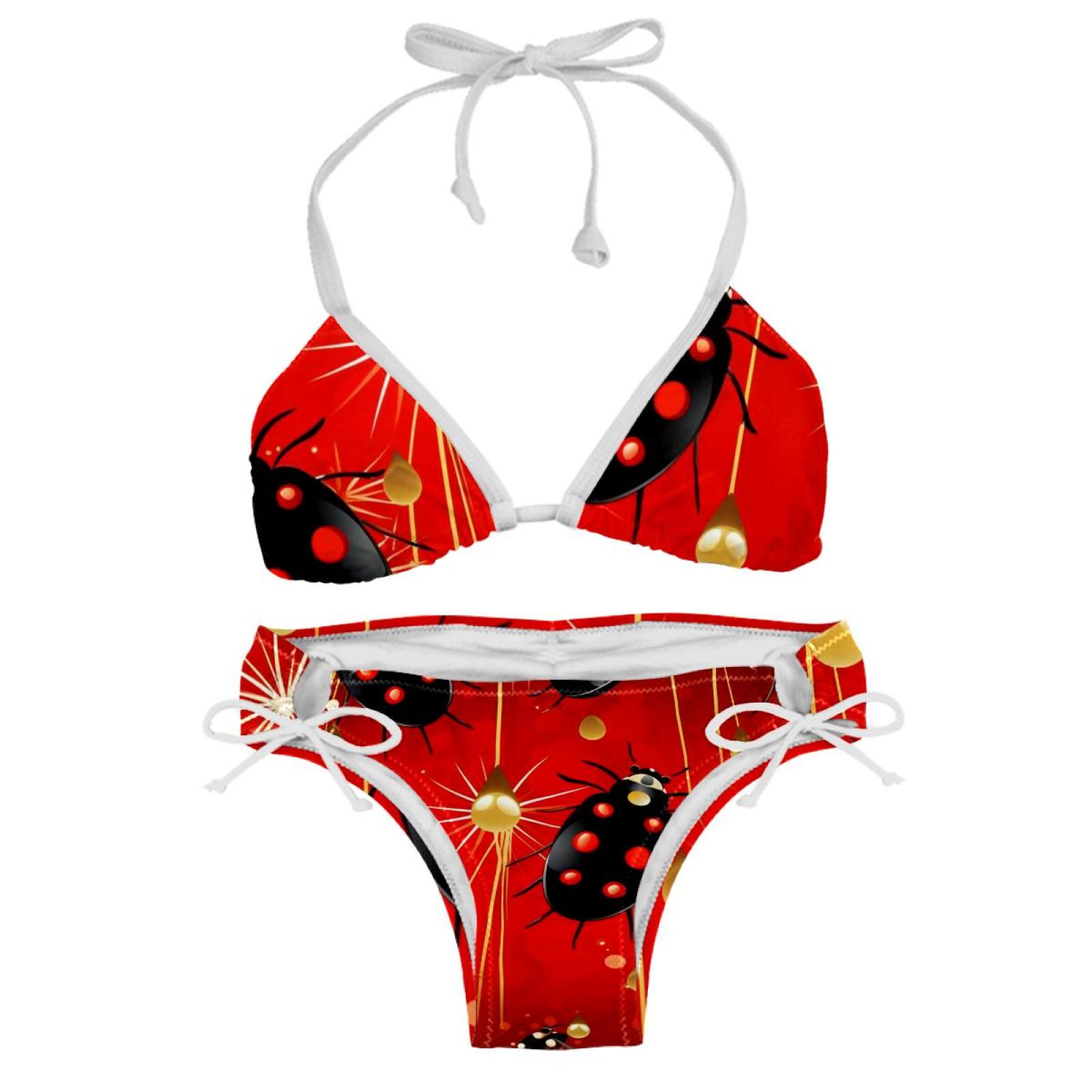 Heoeh Women S Halter Tie Side Triangle Bikini Set Ladybug Pattern Two