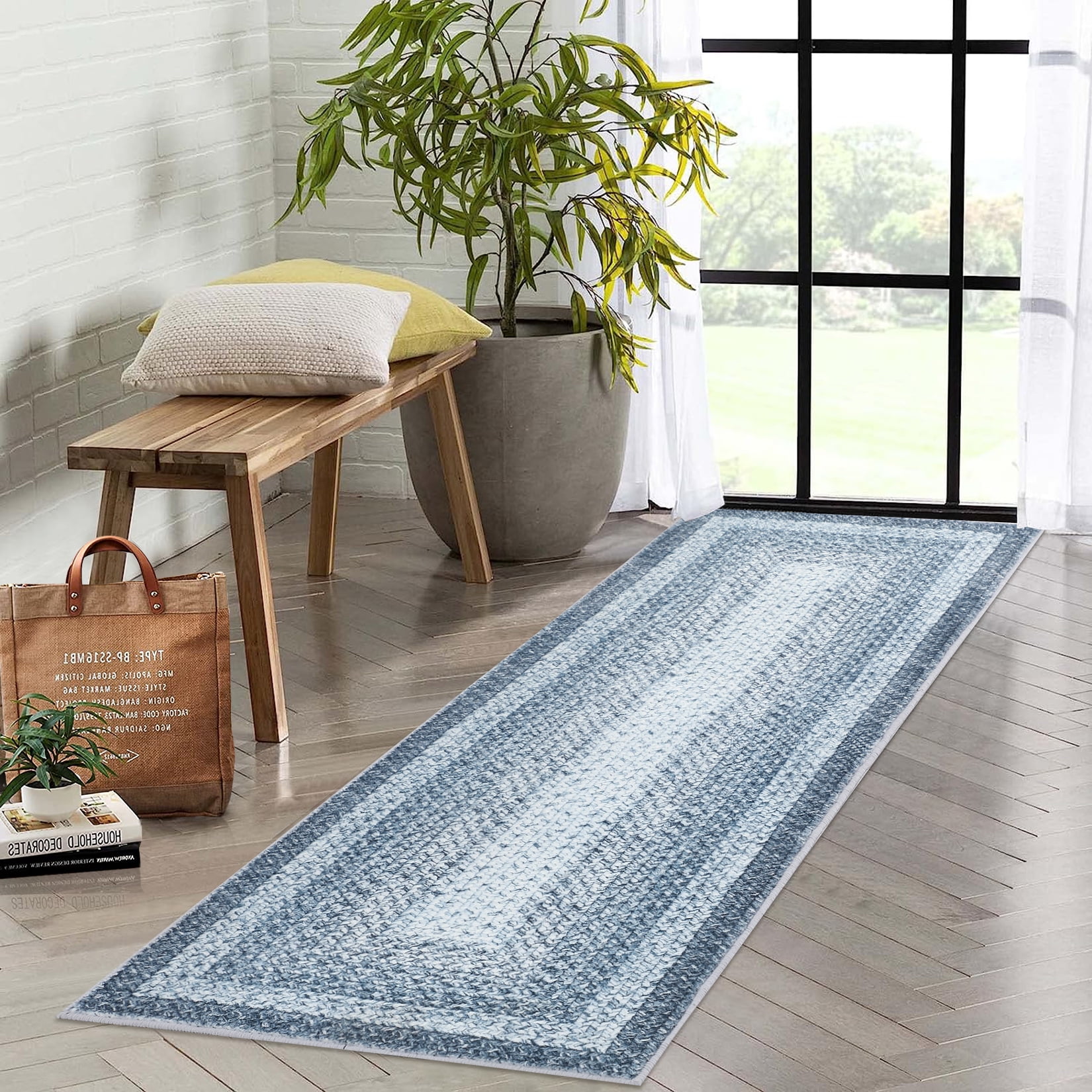 HOMERRY Long Runner Rug 2x10 Runner Rugs Blue Hallway Bordered Rug