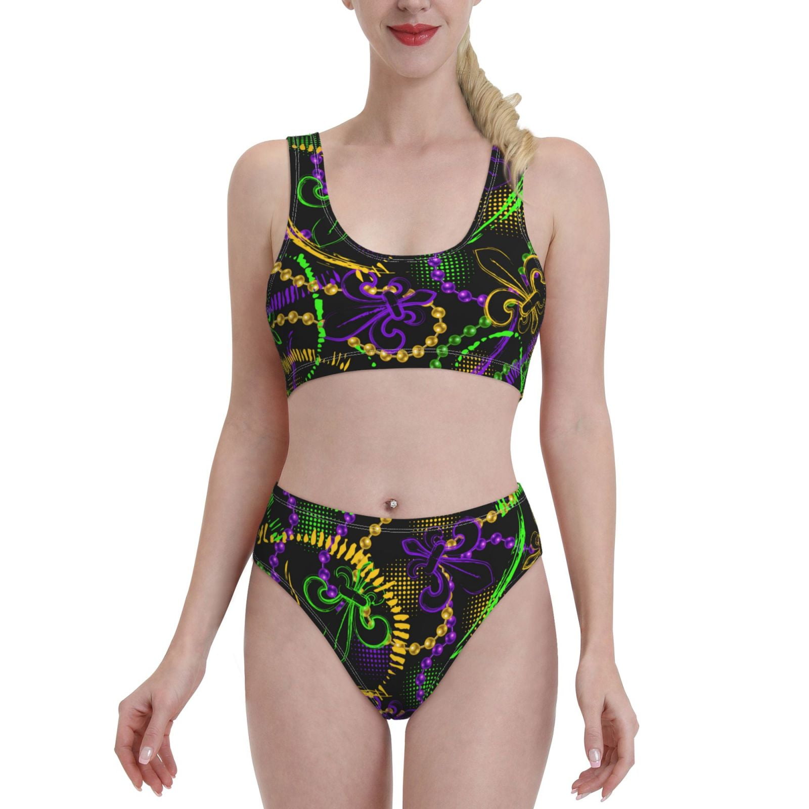 Haiem Neon Mardi Gras Women S High Waisted Bikini Set Two Piece Bathing