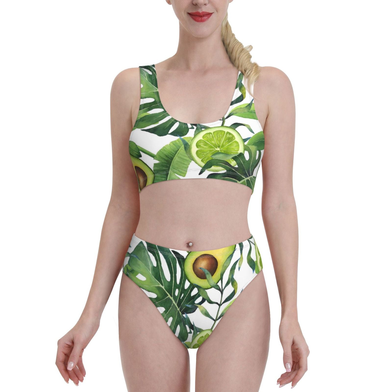 Haiem Watercolor Green Tropical Women S High Waisted Bikini Set Two