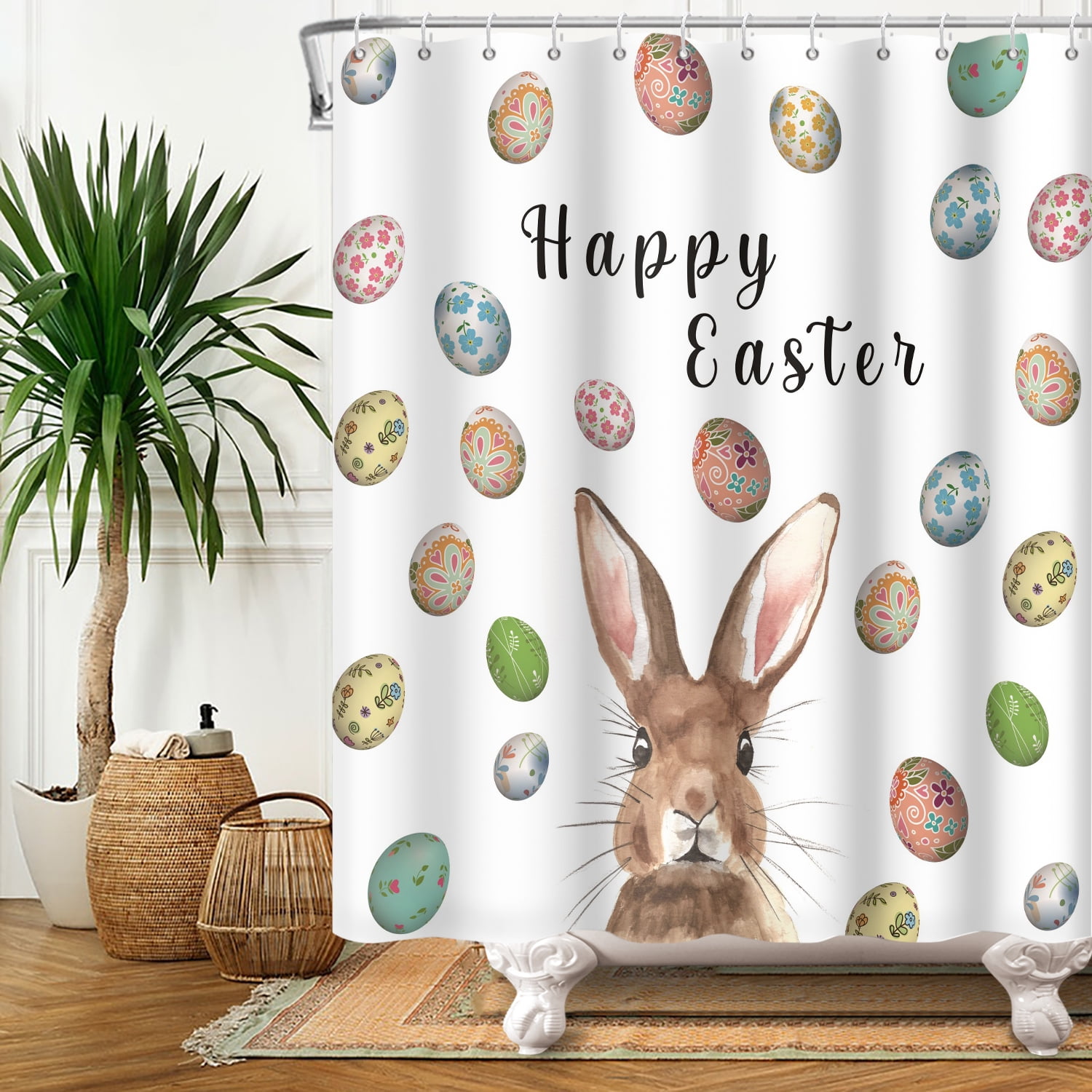 Happy Easter Shower Curtain Spring Easter Bunny Waterproof Fabric