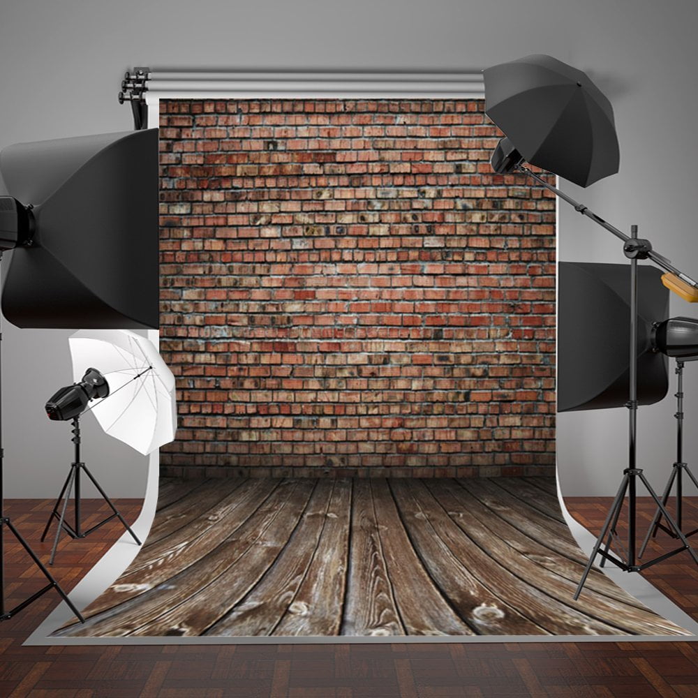 HelloDecor 5x7ft Gray Wood Floor Photography Backdrops Red Brick Wall