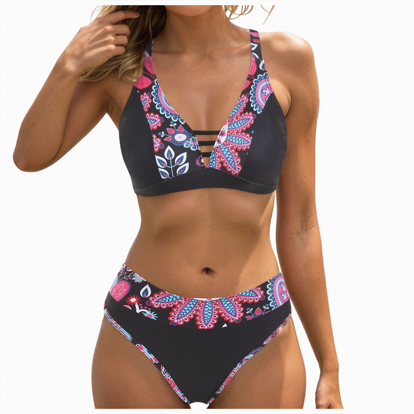Hessimy Women S Sexy Scoop Neck Bikini Sets Color Block High Cut Thong