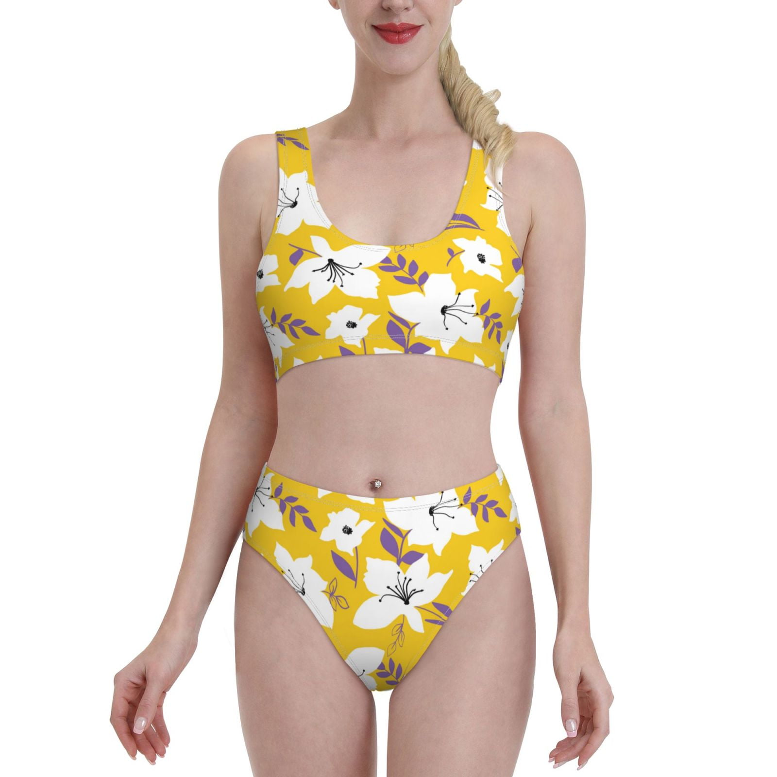 High Waisted Bikini Sets For Women Lilies Flowers Yellow Piece