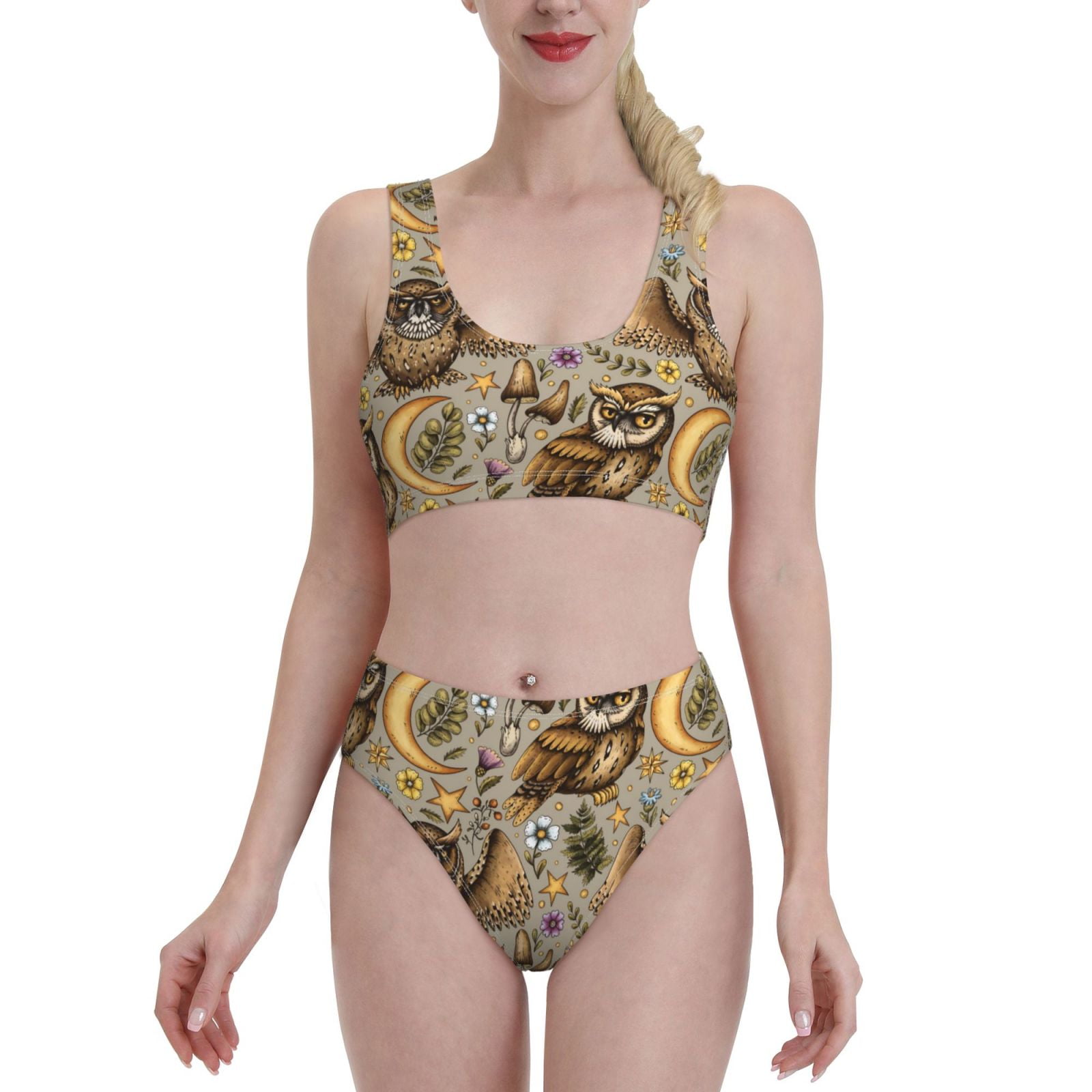 High Waisted Bikini Sets For Women Moon Mushroom Owl Flowers Piece