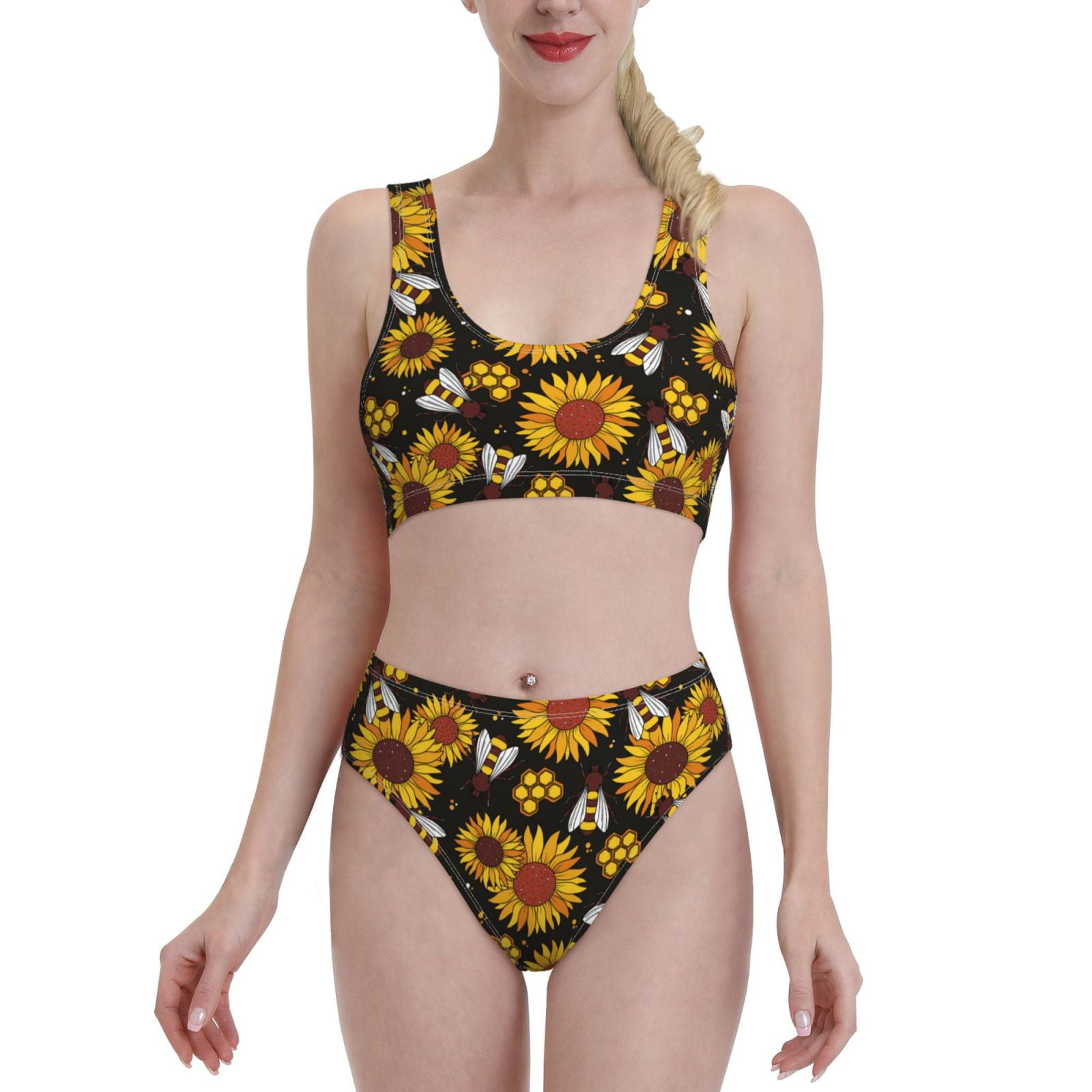 High Waisted Bikini Sets For Women Sunflowers Honeycomb Swimsuits