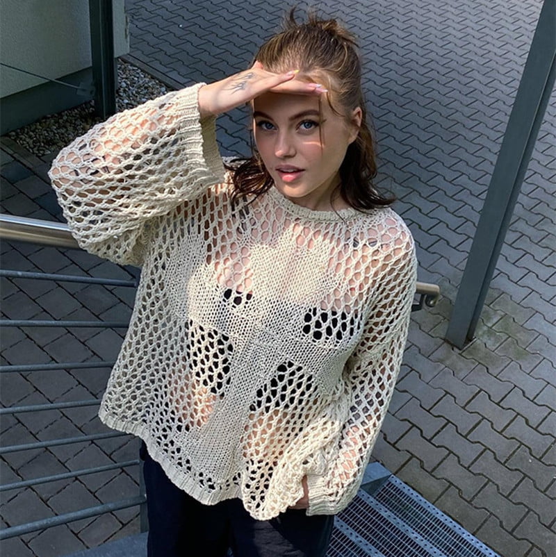 Hollow Out Crochet Knit Crop Tops Sweater M Beige Walmart