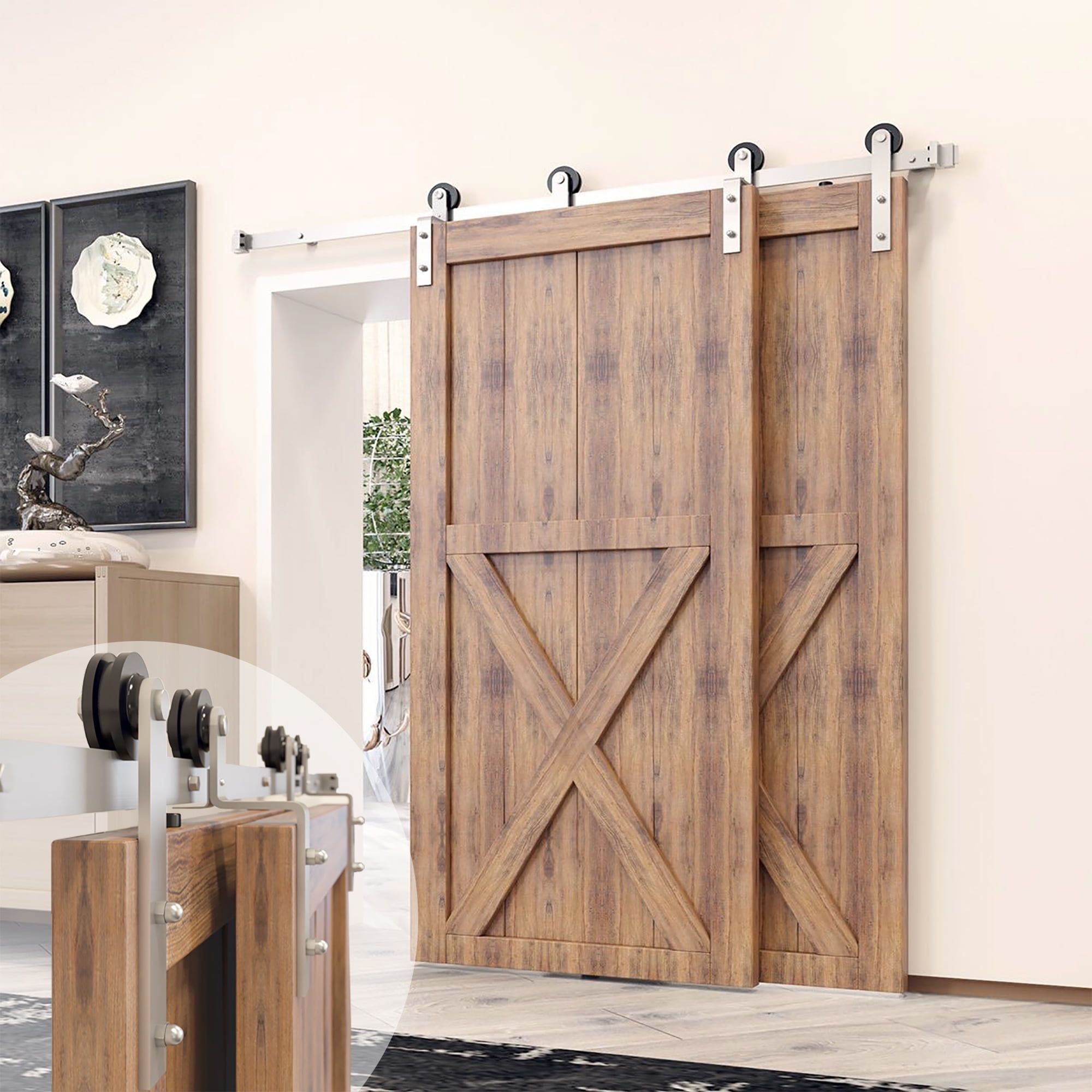 Homacer Brushed Nickel Single Track Bypass Sliding Barn Door Hardware