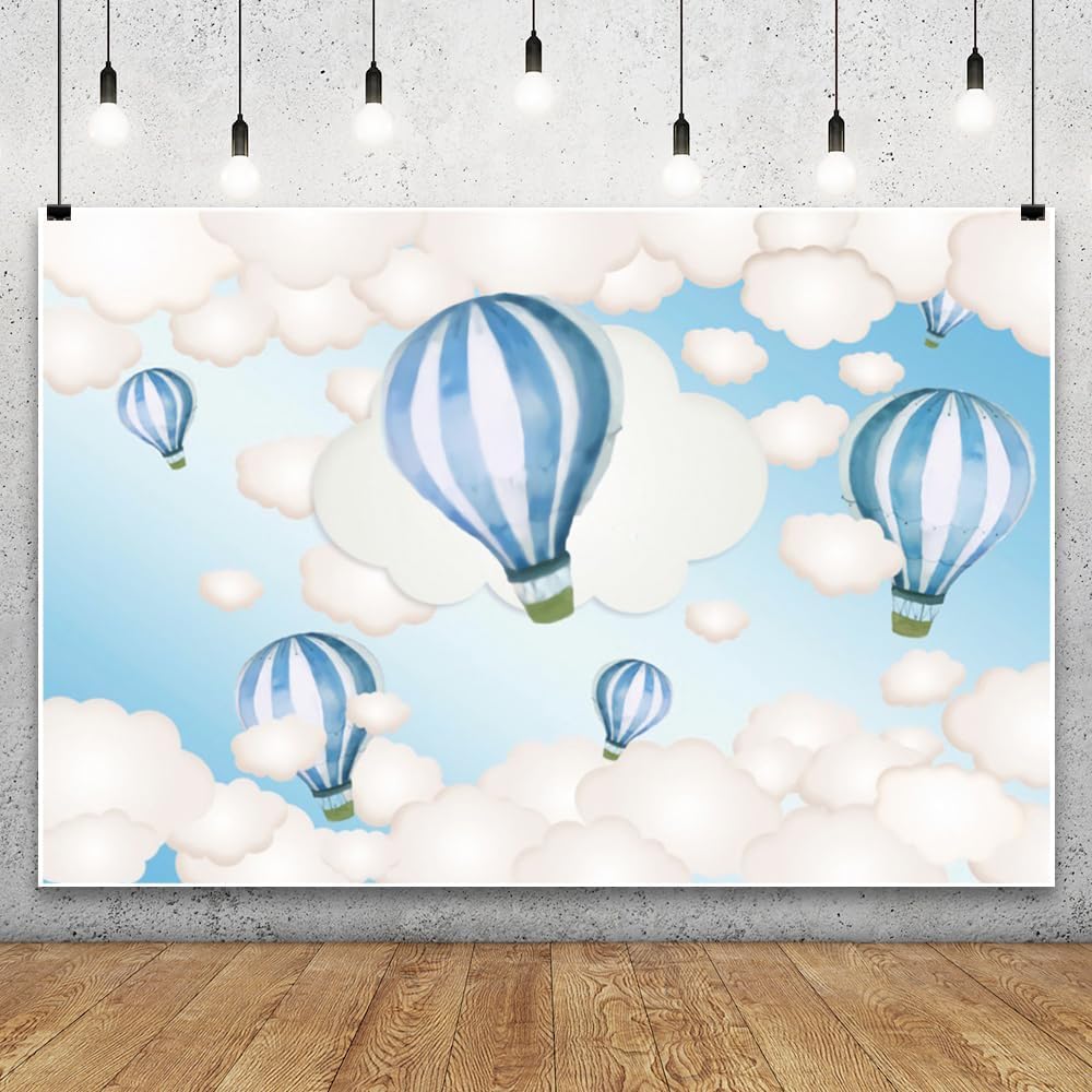 Hot Air Balloon Backdrop Cartoon Blue Sky White Clouds Background For Baby Shower Birthday Party