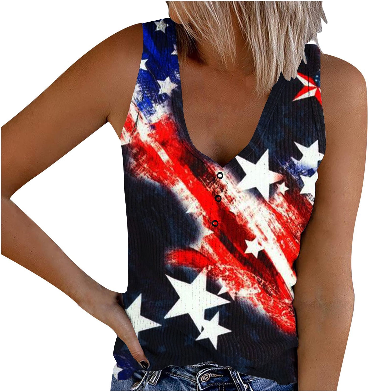 Hvyesh Womens American Flag Button V Neck Tank Tops USA Flag Printed