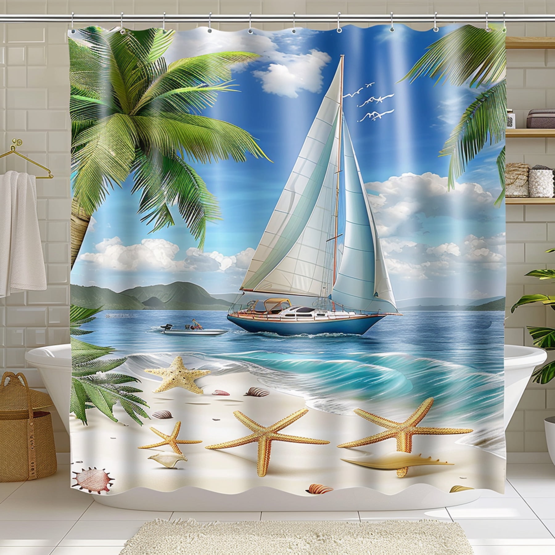 Hyper Realistic Sailboat Beach Scene Shower Curtain Stunning Nature