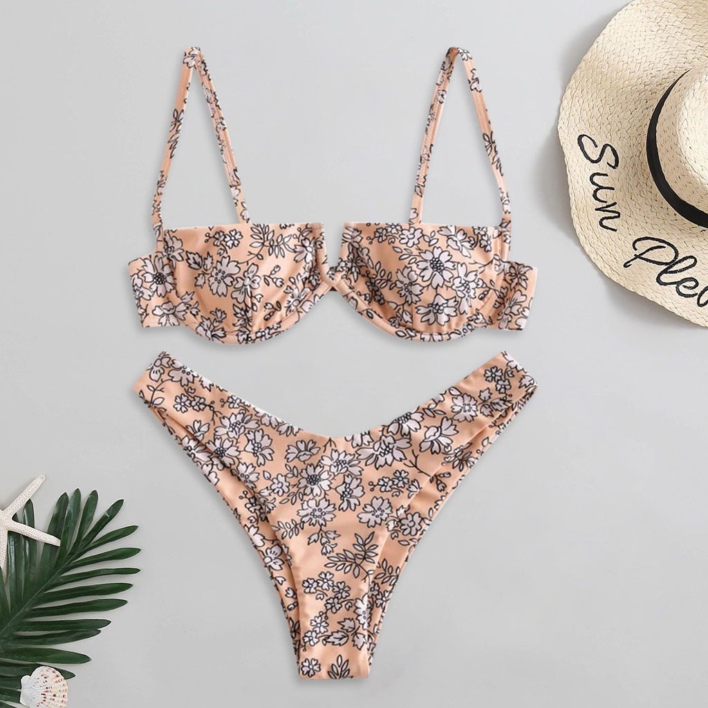 IDALL Bikini Sets Bathing Suit Women Flower Printed High Cut V Wired