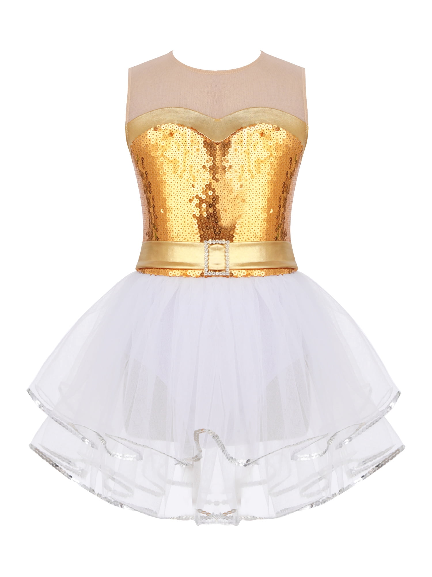 Iefiel Girls Shiny Sequins Ballerina Dancewear Mesh Tulle Dress Juniors