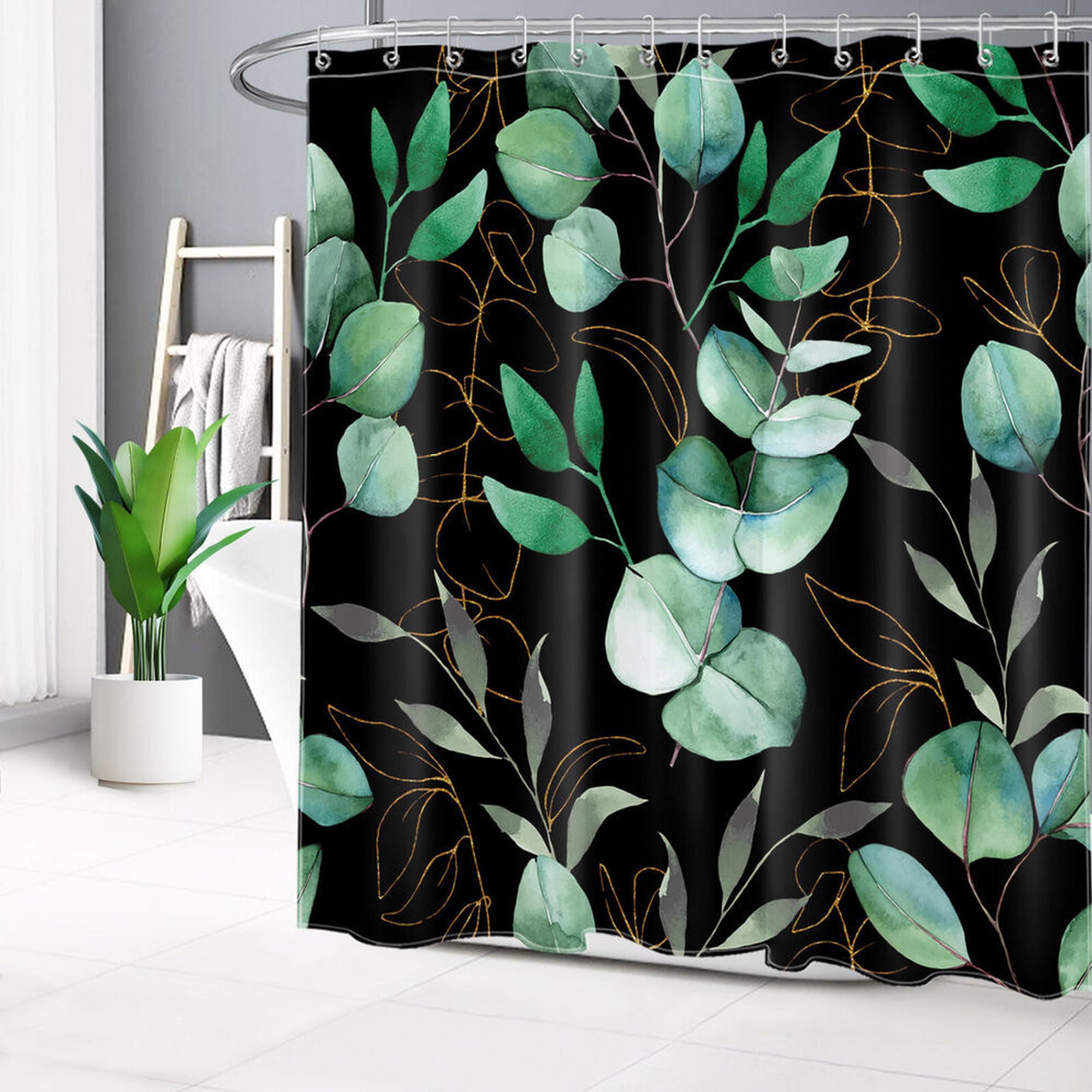 Inpercust Elegant Eucalyptus Leaf Shower Curtain With Gold And Black